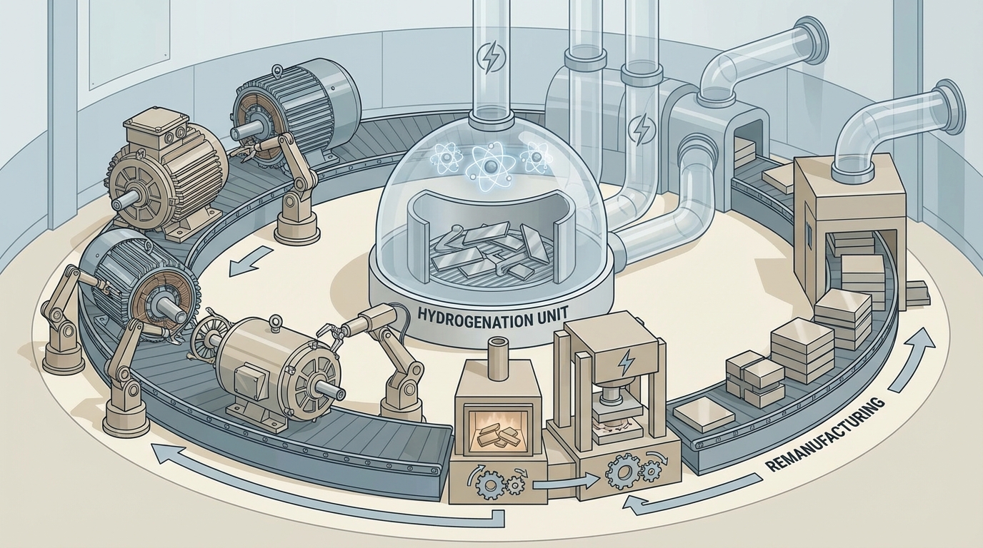 Process overview of direct recycling for rare earth permanent magnets.
