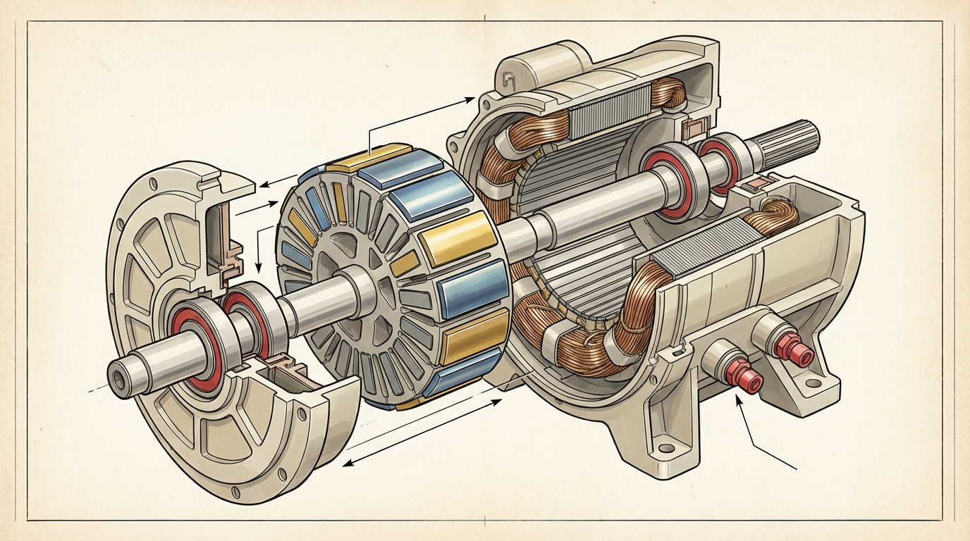 Schéma technique d’un moteur de traction de véhicule électrique mettant en évidence les aimants permanents NdFeB.