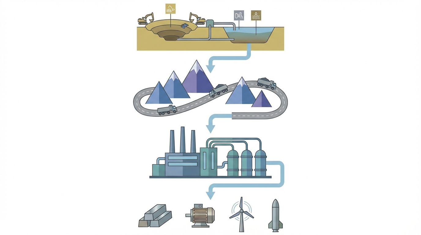 Diagram of the Myanmar-to-China heavy rare earth supply chain and end uses.