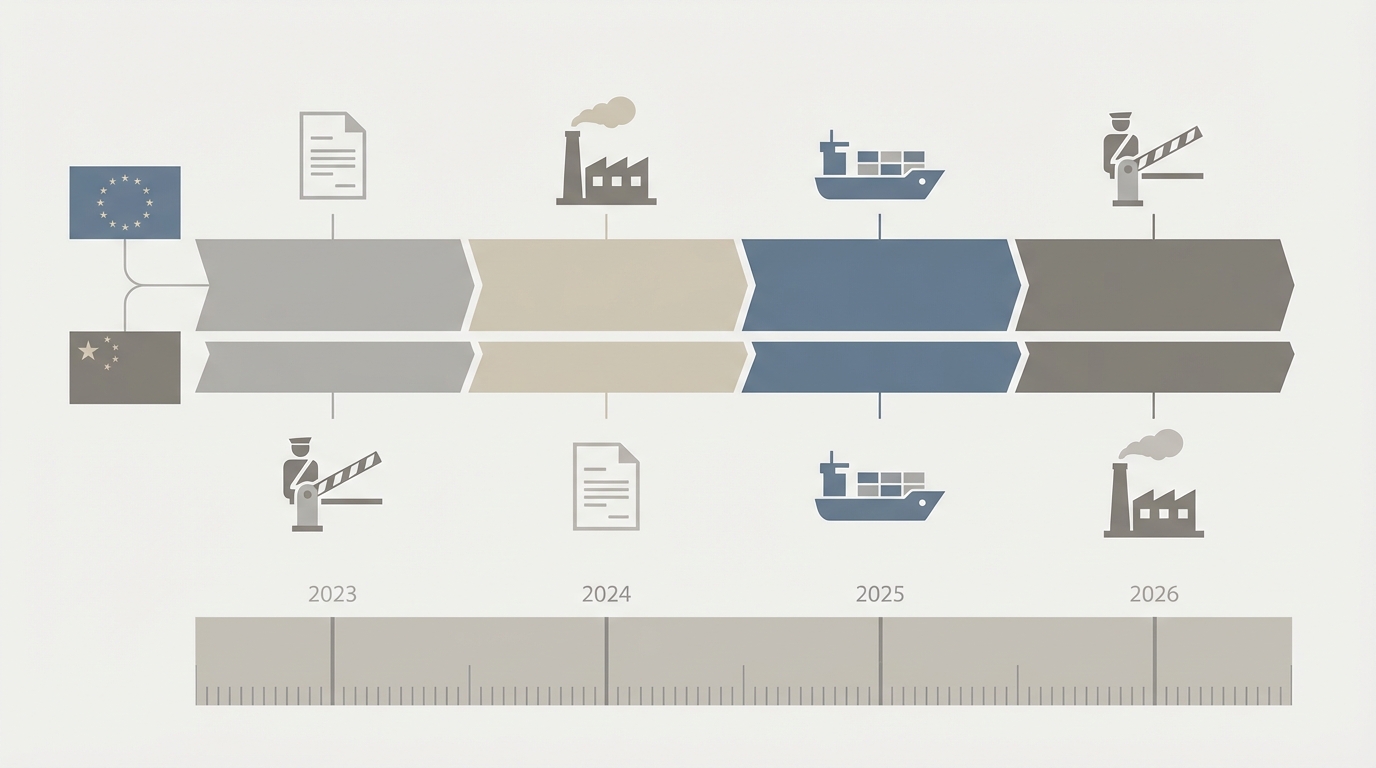 Parallel evolution of EU CRMA implementation and Chinese critical mineral export controls from 2023 to 2026.