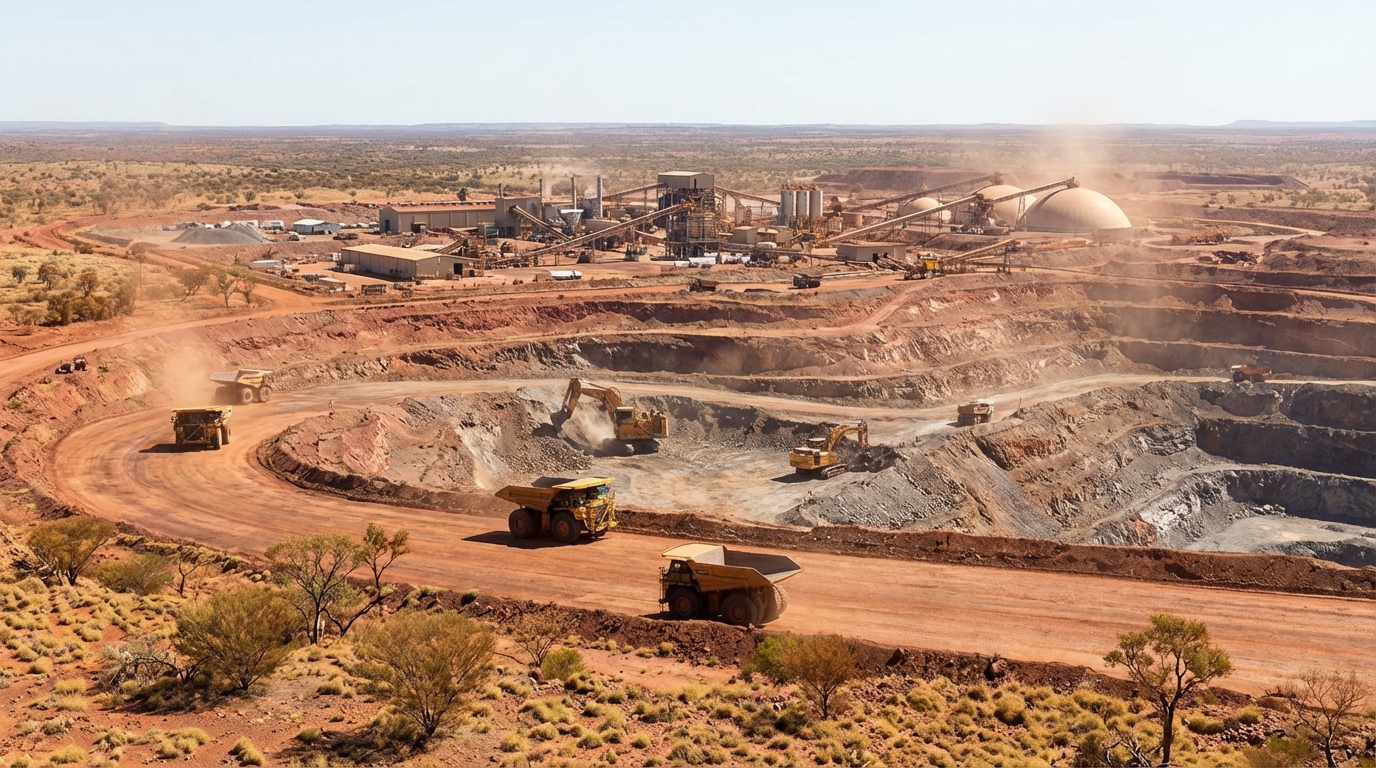 Vue d’ensemble d’une mine moderne de terres rares, illustrant l’extraction des éléments critiques pour les aimants NdFeB.